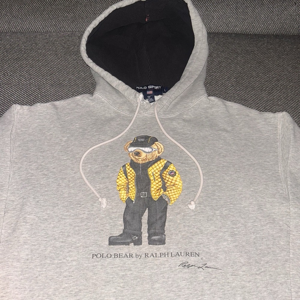 Vintage 90s Polo Sport Ralph Lauren Polo Bear Gray Pullover Hoodie Mens Size L